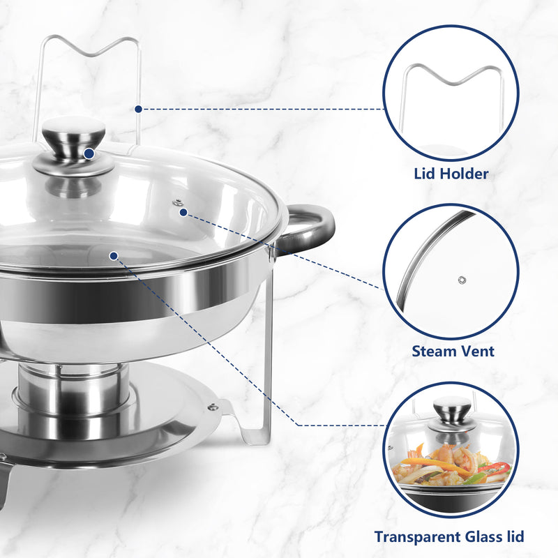 IMACONE 5QT Chafing Dish Buffet Set 4-Pack with Glass Lid & Holder, Stainless Steel Round Chafer Set for Catering Event