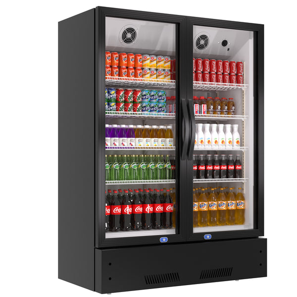 A two-section swing glass door commercial merchandiser refrigerator with drinks and beverages on shelves