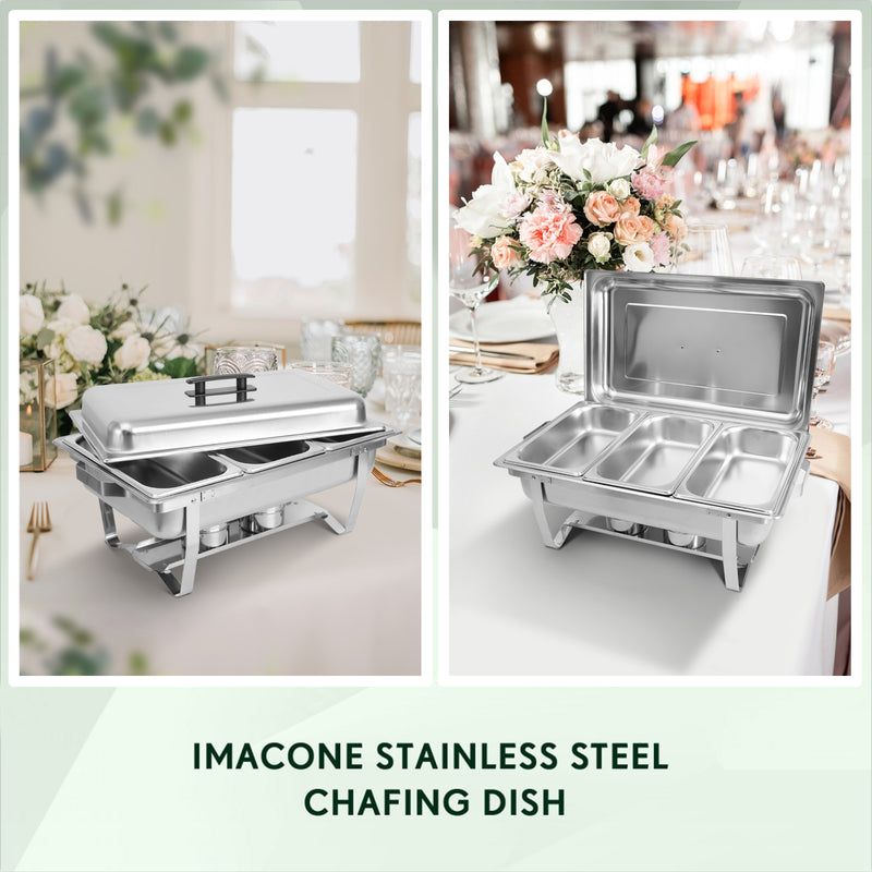 IMACONE Chafing Dish Buffet Set 2 Packs 8 Qt. Stainless Steel Foldable Rectangular Buffet Chafer Set with 3 1/3 Size Food Pans