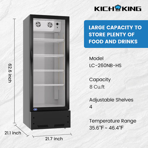 A black glass door merchandiser refrigerator with 8.0 Cubic feet and 21.7" width × 21.1" deep × 62.6" high