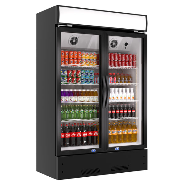 A black two-section glass door commercial merchandiser refrigerator with LED lightbox