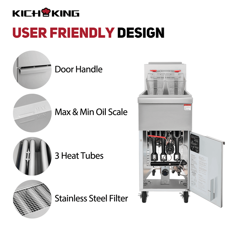 KICHKING 3 Tube Liquid Propane 40 lbs Stainless Steel Floor Fryer with Casters- 90,000 BTU