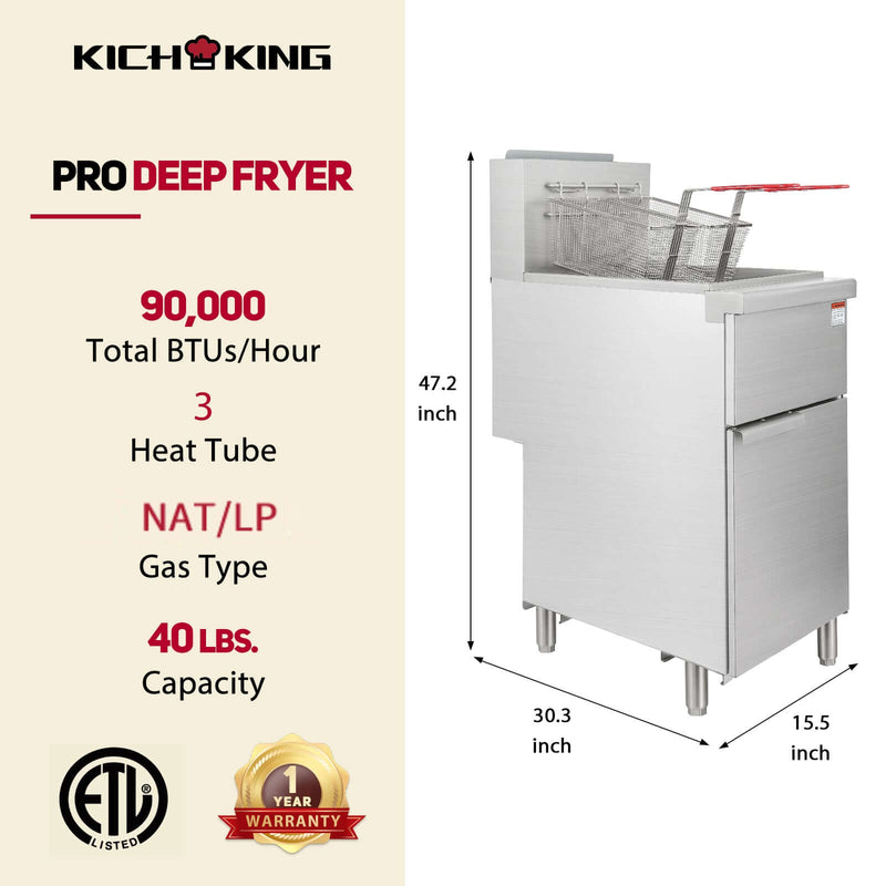 KICHKING 3 Tube Natural Gas/Liquid Propane 40 lbs  Stainless Steel Floor Fryer  - 90,000 BTU