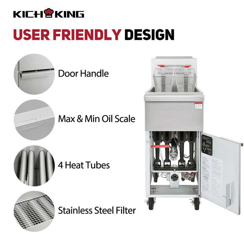 KICHKING 4 Tube Natural Gas/Liquid Propane 50 lbs Stainless Steel Floor Fryer with Casters- 120,000 BTU