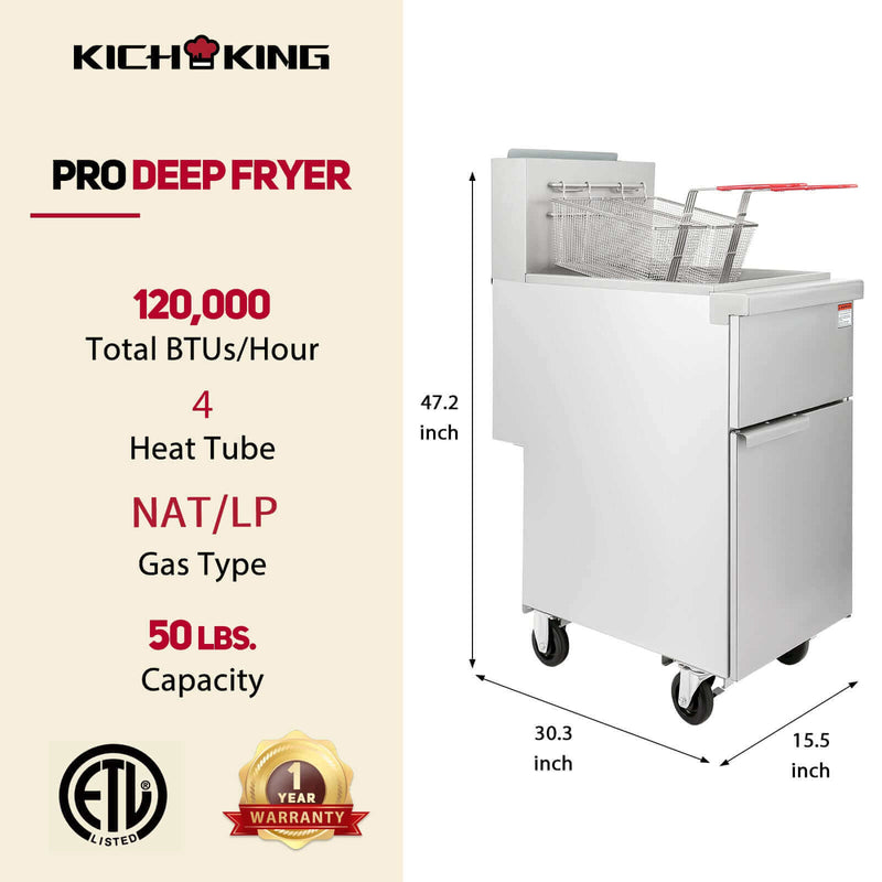 KICHKING 4 Tube Natural Gas/Liquid Propane 50 lbs Stainless Steel Floor Fryer with Casters- 120,000 BTU