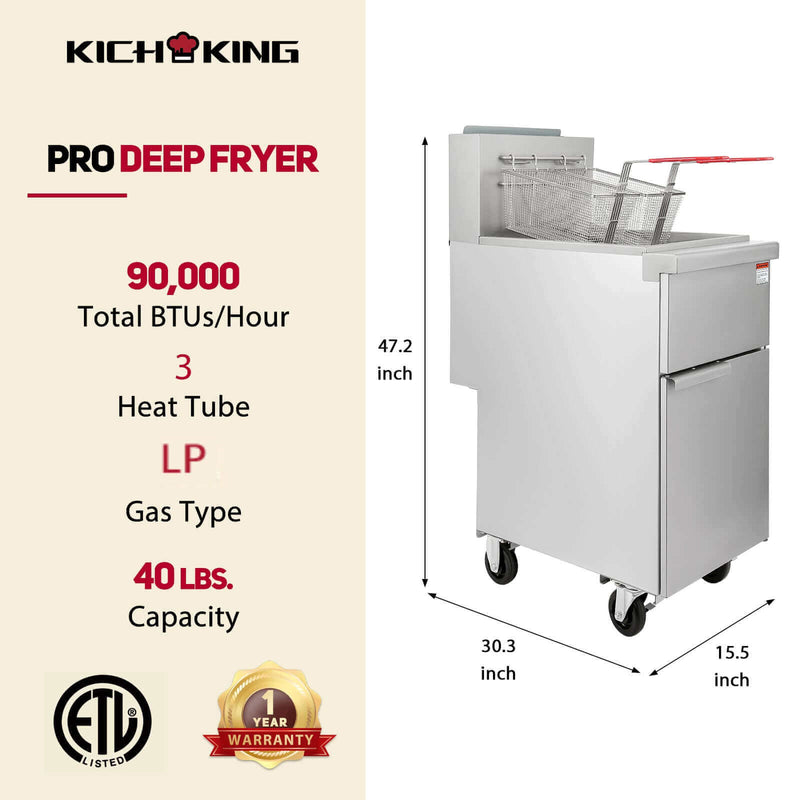 KICHKING 3 Tube Liquid Propane 40 lbs Stainless Steel Floor Fryer with Casters- 90,000 BTU