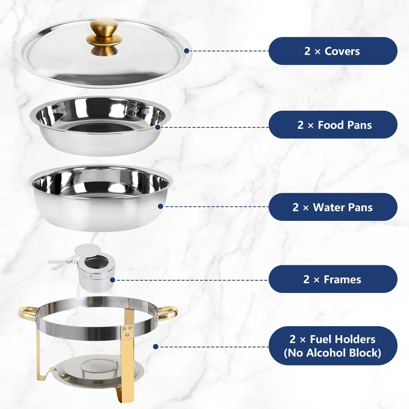 IMACONE Chafing Dish Buffet Set, 2 Pack 5QT Stainless Steel Round Chafer for Catering, Upgrade Chafer and Buffet Warmer Set with Gold Frame for Party Wedding