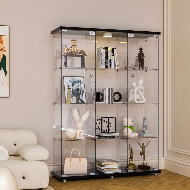 4 Shelf Glass Display Cabinet with 12 Color LED Lights and Remote Control, 3 Columns Tempered Glass Curio Cabinet