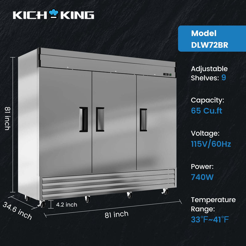 KICHKING 72" Commercial Reach-in Refrigerator - Three Section Solid Door Stainless Steel Refrigerator, 33℉~41℉