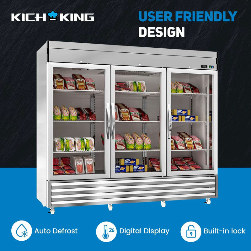 KICHKING 72" Commercial Reach-in Refrigerator- Three Section Glass Door Stainless Steel Merchandiser , 33℉~41℉