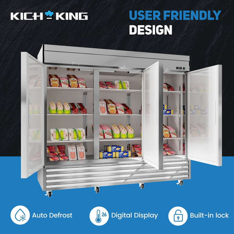 KICHKING 72" Commercial Reach-in Refrigerator - Three Section Solid Door Stainless Steel Refrigerator, 33℉~41℉