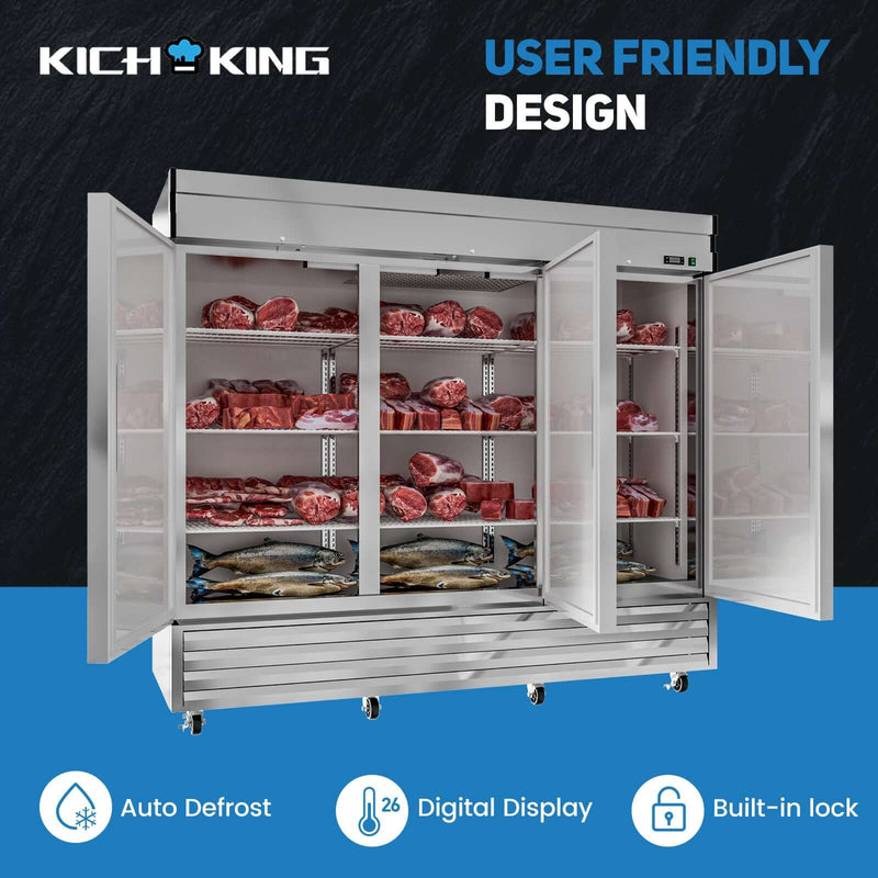 KICHKING DLW72BF 72" Three Section Solid Door Upright Reach-In Commercial Freezer 65 Cubic Feet