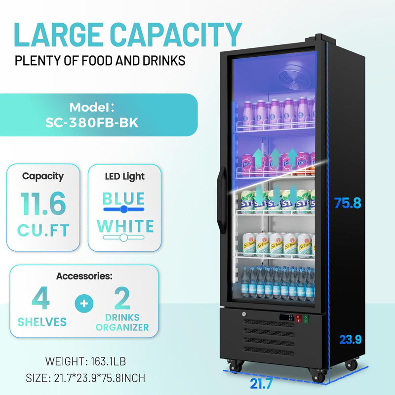 11.6 Cu.Ft Merchandiser Refrigerator 32-50°F Commercial Cooler Aluminum Alloy Frame Beverage Refrigerators Low-E Glass Door Display Cooler Drink Fridge, Adjustable Shelves Organizer ETL/DOE