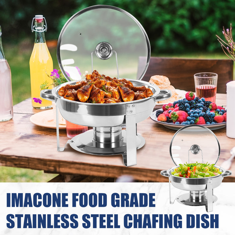 IMACONE 5QT Chafing Dish Buffet Set 2-Pack with Glass Lid & Holder, Stainless Steel Round Chafer Set for Catering