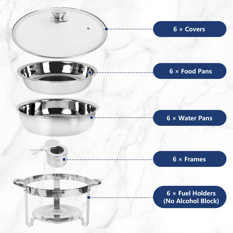 IMACONE 5QT 6 Pack Chafing Dish Buffet Set with Glass Lid, Stainless Steel Round Food Warmer Set for Catering