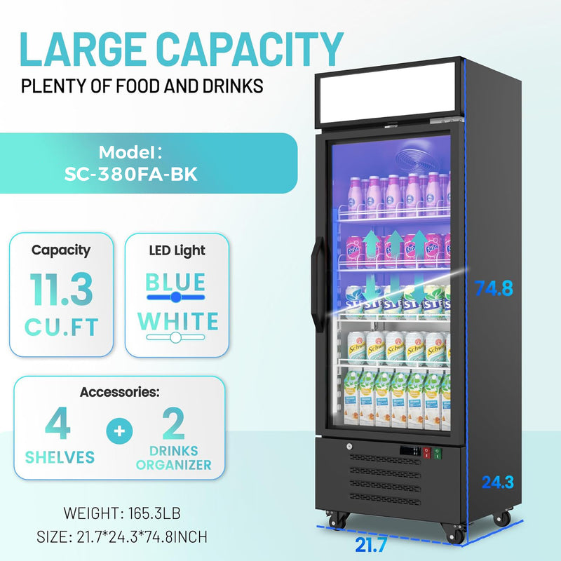 11.3 Cu. Ft Merchandiser Refrigerator 32-50°F Commercial Beverage Refrigerators Low-E Glass Door Display Cooler Aluminum Alloy Frame Upright Drink Fridge, LED Light Box Adjustable Organizer