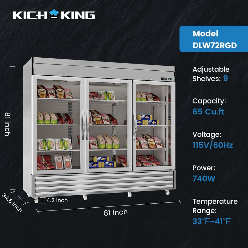 KICHKING 72" Commercial Reach-in Refrigerator- Three Section Glass Door Stainless Steel Merchandiser , 33℉~41℉