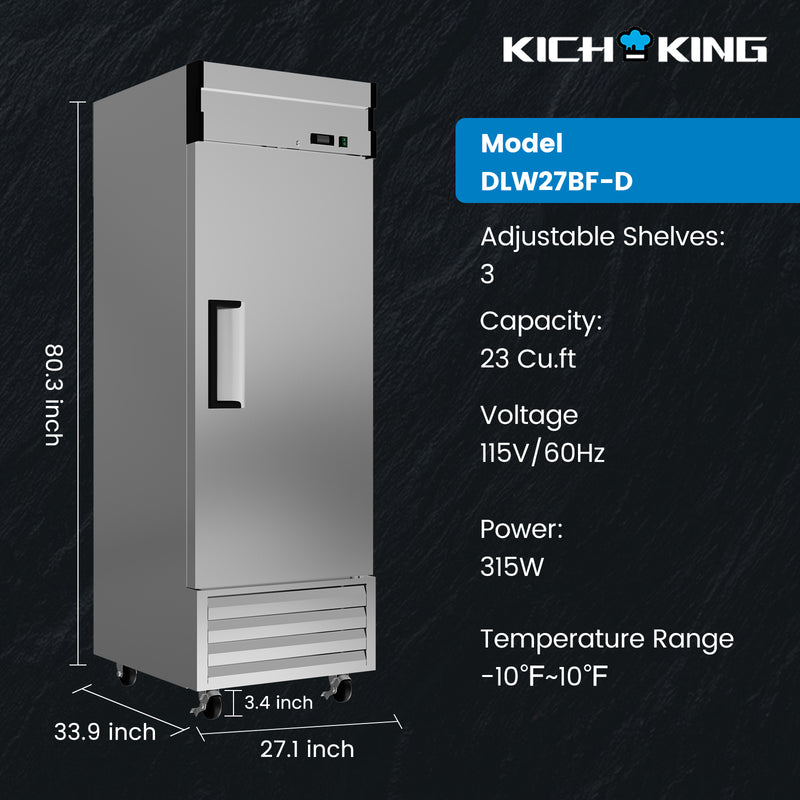 KICHKING 27" Commercial Reach-In Freezer - Solid Door Stainless Steel Freezer