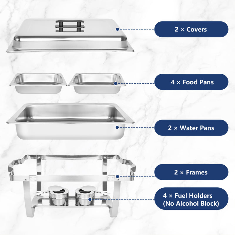 IMACONE Chafing Dish Buffet Chafer Set 2 Packs 8 Qt. Foldable Rectangular Stainless Steel Chafer Set with 2 Half Size Food Pans