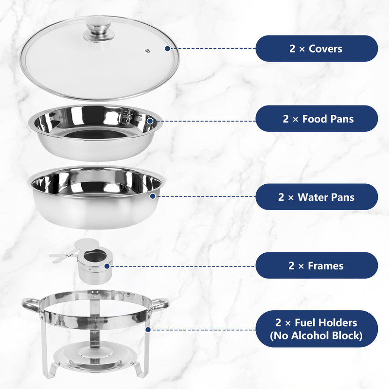 IMACONE 5QT Chafing Dish Buffet Set 2-Pack with Glass Lid, Stainless Steel Round Chafer Set for Catering