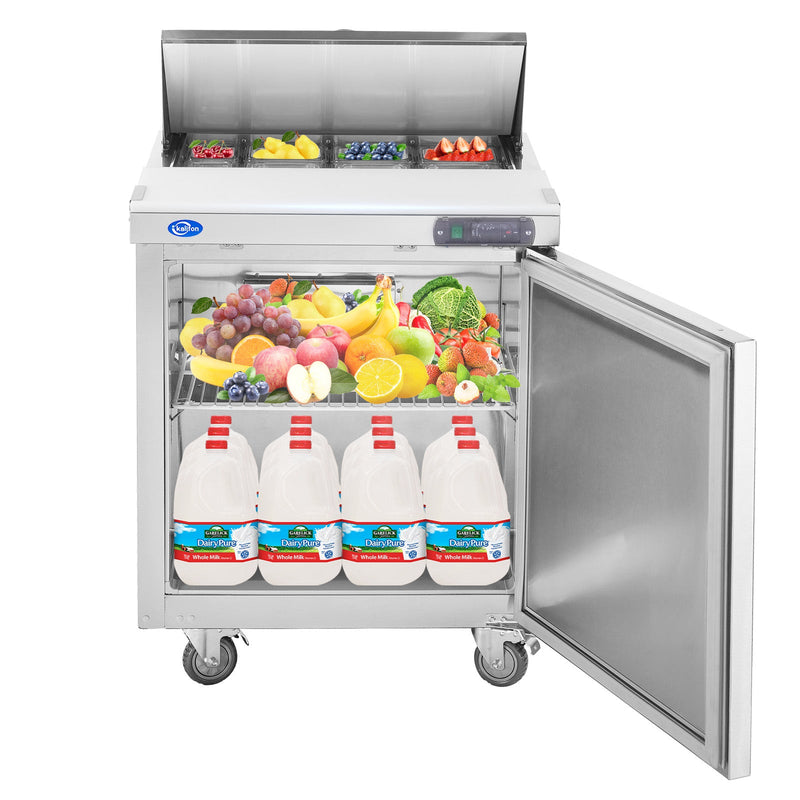 27" W 1 Door Refrigerator Sandwich Salad Prep Table Commercial Stainless Steel Fan Cooling Refrigerator with Cutting Board, 1 Shelves & 8 Pans for Restaurant, Bar, Shop-7.4 Cu.ft