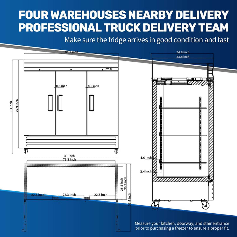 KICHKING 72" Commercial Reach-in Refrigerator - Three Section Solid Door Stainless Steel Refrigerator, 33℉~41℉