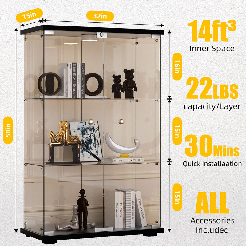 3 Shelf Glass Display Cabinet with 12 Color LED Lights and Remote Control, 2 Glass Doors Curio Cabinet