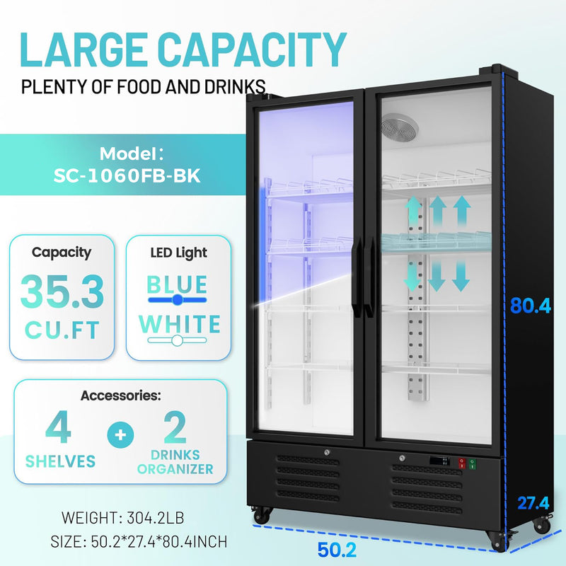 35.3 Cu.Ft Merchandiser Refrigerator 32-50°F Commercial Beverage Refrigerators Low-E Glass Door Display Cooler Upright Drink Fridge, Adjustable Shelves Drink Organizer ETL/DOE