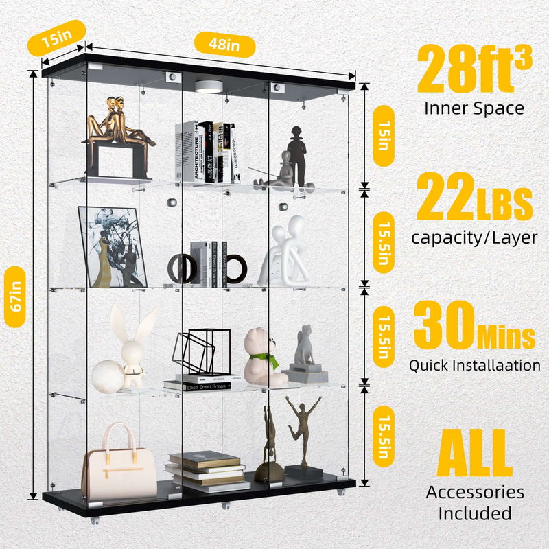 4 Shelf Glass Display Cabinet with Mirrored Back,3 Columns Tempered Glass Curio Cabinet