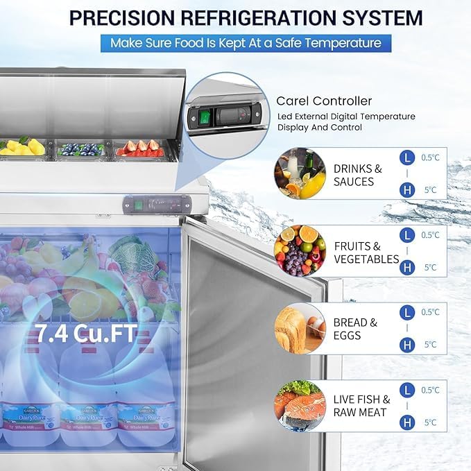 27" W 1 Door Refrigerator Sandwich Salad Prep Table Commercial Stainless Steel Fan Cooling Refrigerator with Cutting Board, 1 Shelves & 12 Pans for Restaurant, Bar, Shop-7.4 Cu.ft