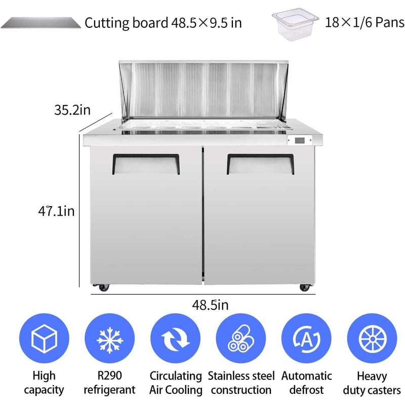 BLUELINETECH Commercial Refrigerator 48" W Sandwich & Salad Prep Table 13.8 cu.ft Stainless Steel undercounter refrigerators 2 Solid Door,18 Pans For Restaurant,Bar, Shop, etc