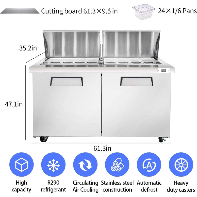 BLUELINETECH Commercial Refrigerator 61" W Sandwich & Salad Prep Table 16.8 cu.ft Stainless Steel undercounter refrigerators 2 Solid Door,24 Pans For Restaurant,Bar, Shop, etc