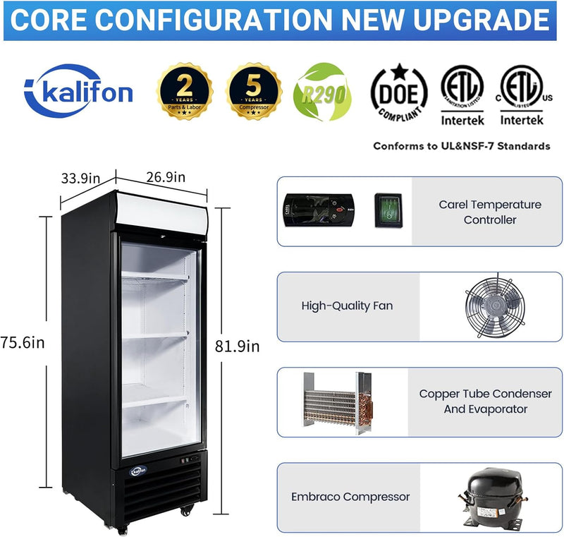 23 Cu. Ft Merchandiser Refrigerator Glass Door Commercial Beverage Refrigerators With LED Light Box