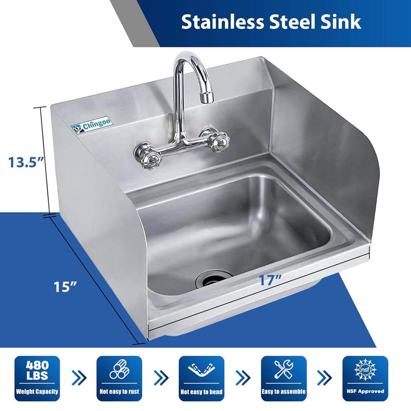 Wall Mounted Hand Sink with Faucet ,Side and Backsplash -17" x 15"