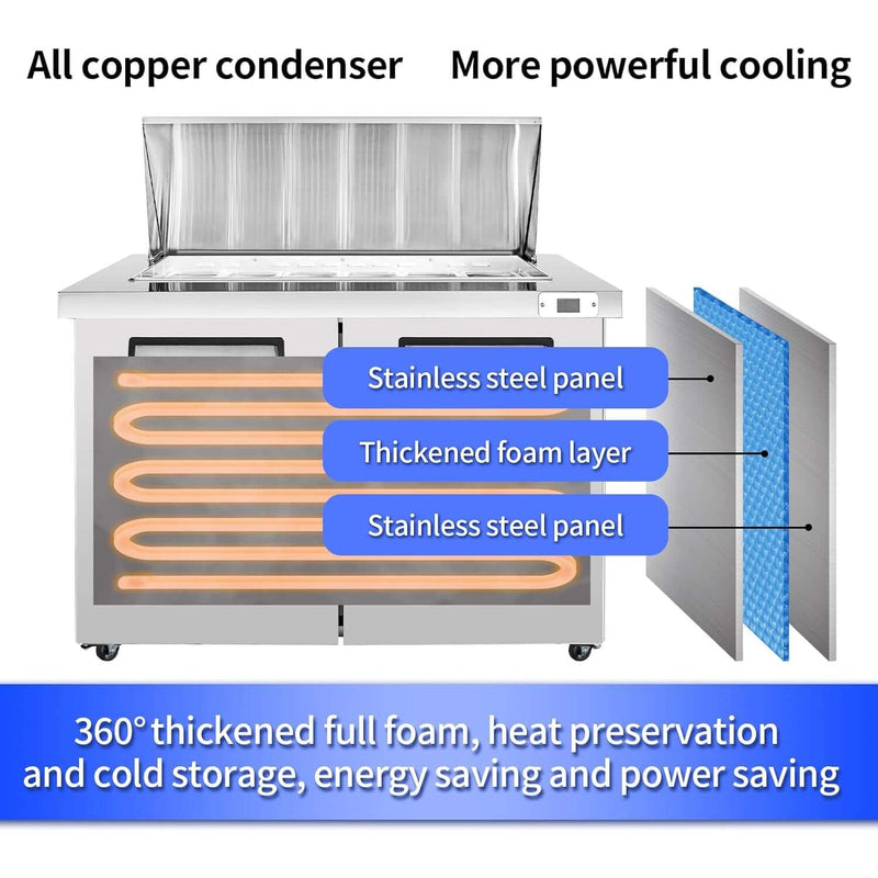 BLUELINETECH Commercial Refrigerator 48" W Sandwich & Salad Prep Table 13.8 cu.ft Stainless Steel undercounter refrigerators 2 Solid Door,18 Pans For Restaurant,Bar, Shop, etc