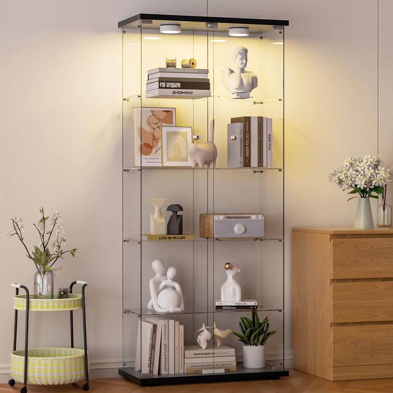 Glass Display Cabinet 5-Shelf 2 Doors with 2 LED Push Lights with Remote Control, Locking, 5mm Tempered Glass Floor-to-ceiling Glass Bookcase for