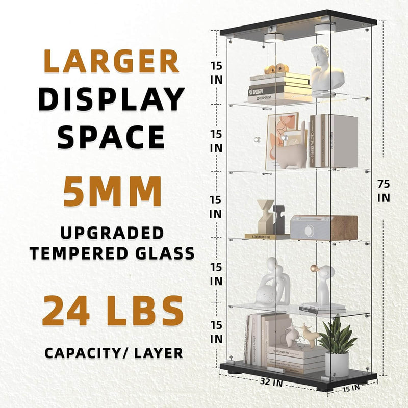 Glass Display Cabinet 5-Shelf 2 Doors with 2 LED Push Lights with Remote Control, Locking, 5mm Tempered Glass Floor-to-ceiling Glass Bookcase for