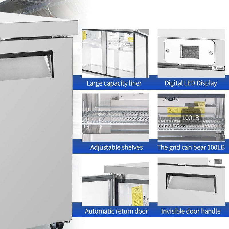 BLUELINETECH Commercial Refrigerator, 48" Worktop Undercounter Refrigerator,14.2 Cu.Ft Stainless Steel Refrigerator, ETL Approved,3 Door Worktop Fridge with lock for Restaurant, Bar, Diner