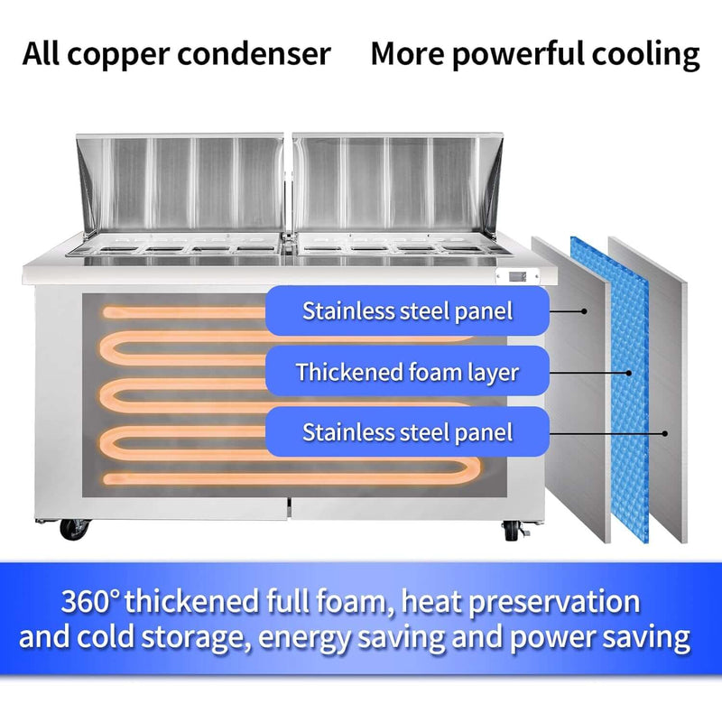 BLUELINETECH Commercial Refrigerator 61" W Sandwich & Salad Prep Table 16.8 cu.ft Stainless Steel undercounter refrigerators 2 Solid Door,24 Pans For Restaurant,Bar, Shop, etc