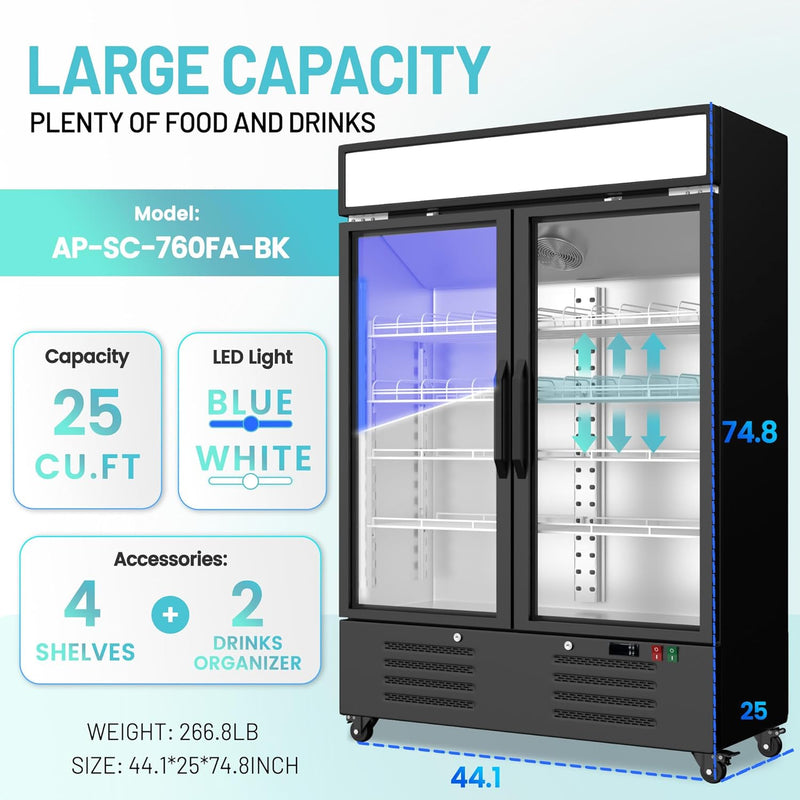 25.1 Cu.Ft Merchandiser Refrigerator Black Low Noise Commercial Refrigerator with Light Box 32-50°F