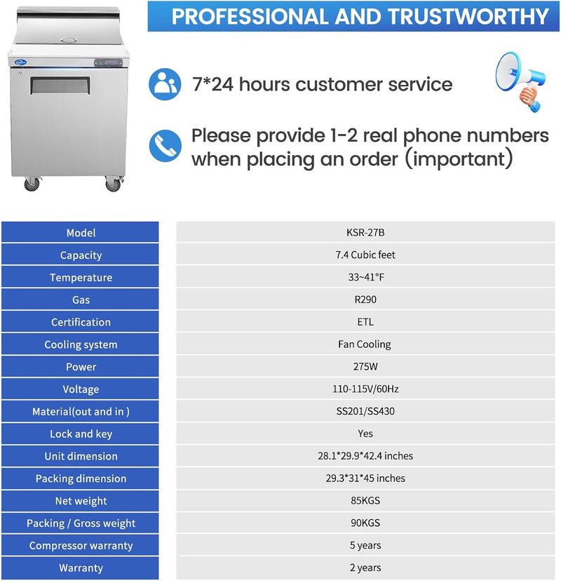 27" W 1 Door Refrigerator Sandwich Salad Prep Table Commercial Stainless Steel Fan Cooling Refrigerator with Cutting Board, 1 Shelves & 12 Pans for Restaurant, Bar, Shop-7.4 Cu.ft