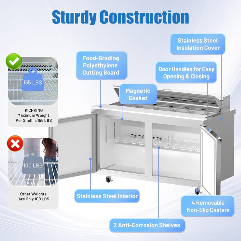 48" W Sandwich/Salad Prep Table With 2 Door Refrigerator Base | 13 Cu.Ft. & 12 Pans