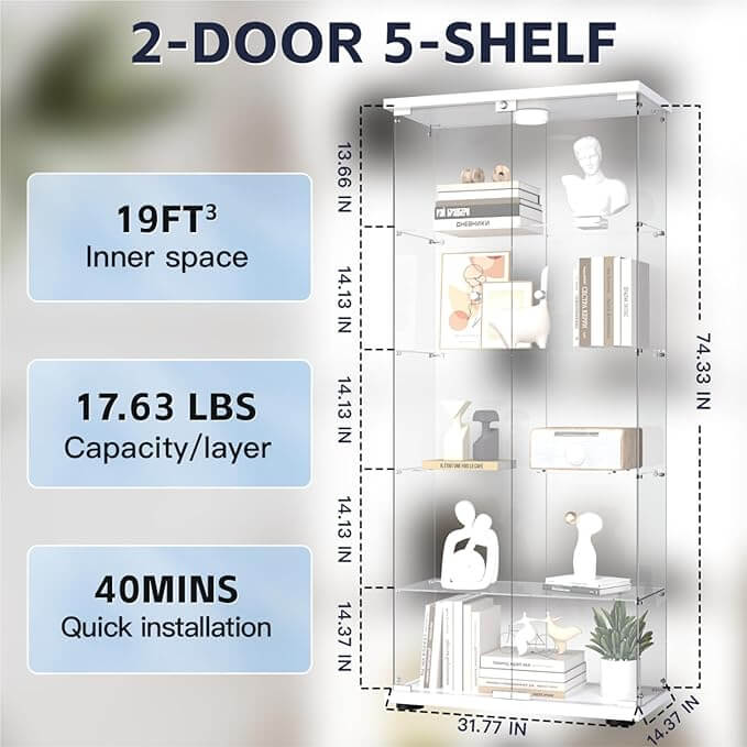 5 Shelf Glass Display Cabinet with 12 Color LED Lights and Remote Control, 2 Glass Doors Curio Cabinet