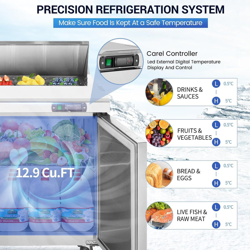 48" W 2 Door Refrigerator Sandwich Salad Prep Table Commercial Stainless Steel Fan Cooling Refrigerator with Cutting Board, 2 Shelves & 18 Pans for Restaurant, Bar, Shop-12.9 Cu.ft