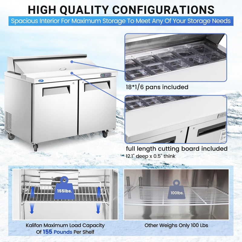 48" W 2 Door Refrigerator Sandwich Salad Prep Table Commercial Stainless Steel Fan Cooling Refrigerator with Cutting Board, 2 Shelves & 18 Pans for Restaurant, Bar, Shop-12.9 Cu.ft