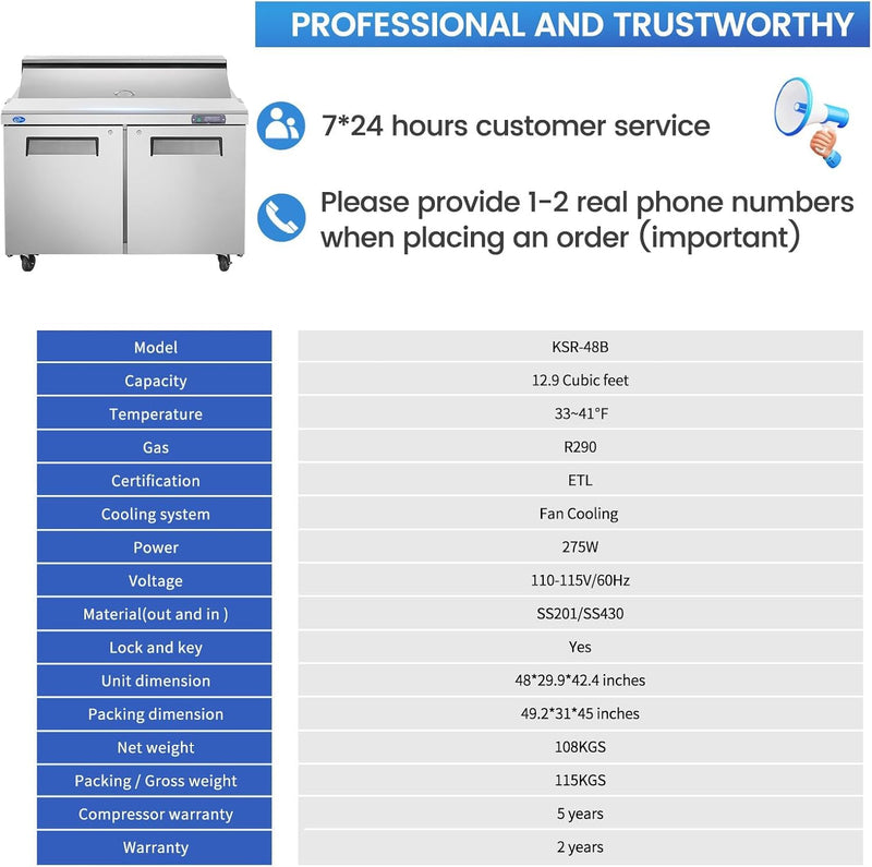 48" W 2 Door Refrigerator Sandwich Salad Prep Table Commercial Stainless Steel Fan Cooling Refrigerator with Cutting Board, 2 Shelves & 18 Pans for Restaurant, Bar, Shop-12.9 Cu.ft