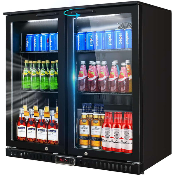 Back Bar Cooler with 2 Glass Doors, Under Counter Beverage Refrigerator, 7.4 cu.ft Mini Fridge Cooler with LED Lighting for Soda Drinks, Beer, Wine