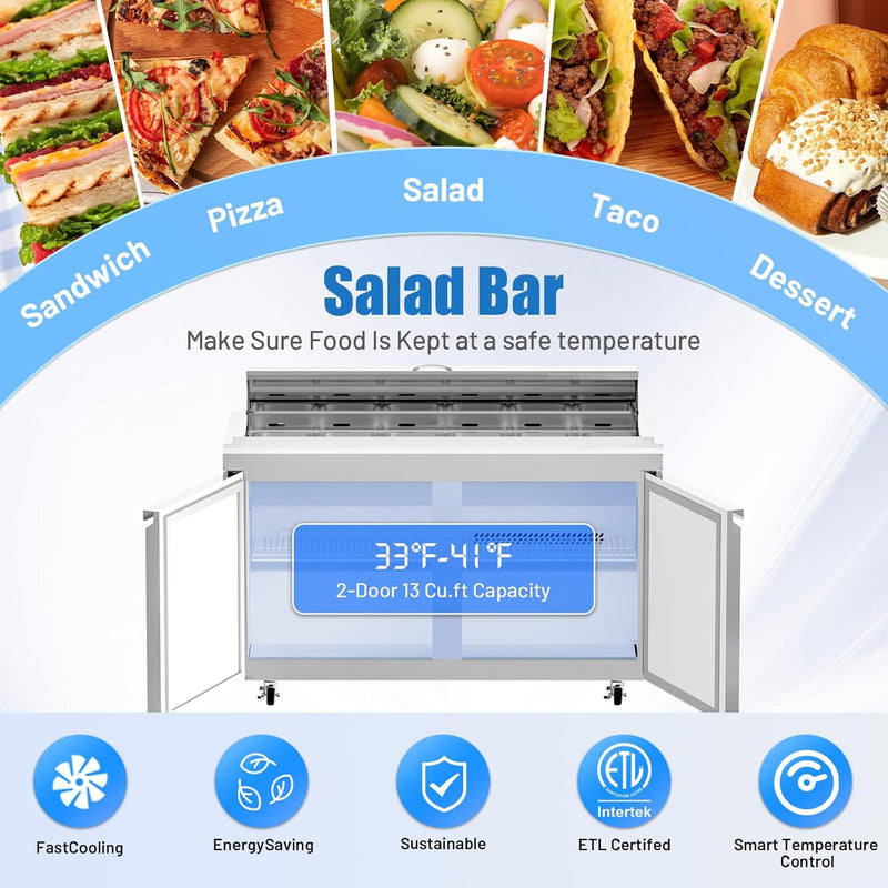 48" W Sandwich/Salad Prep Table With 2 Door Refrigerator Base | 13 Cu.Ft. & 12 Pans