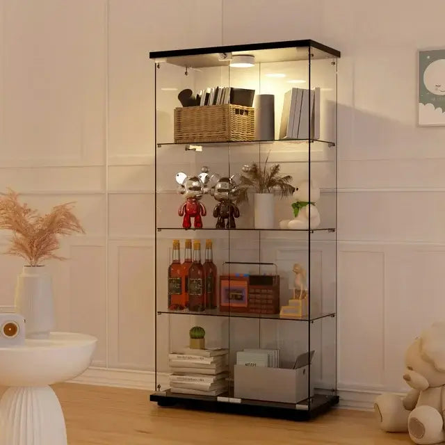 Glass Display Cabinet with Double Glass Doors, 65"H 4 Shelves LED Curio Cabinet, Tall Wine Cabinet