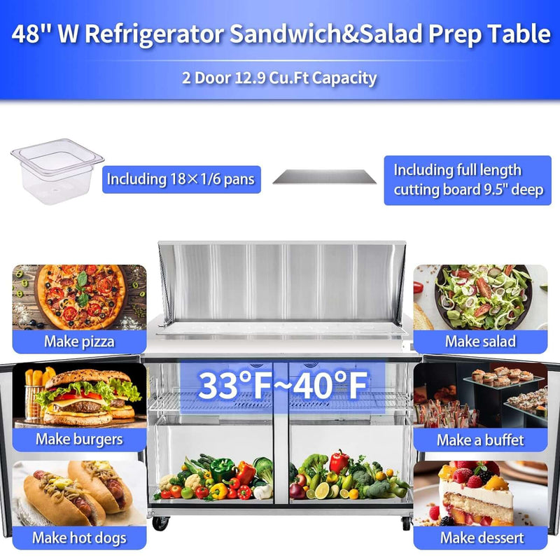 BLUELINETECH Commercial Refrigerator 48" W Sandwich & Salad Prep Table 13.8 cu.ft Stainless Steel undercounter refrigerators 2 Solid Door,18 Pans For Restaurant,Bar, Shop, etc